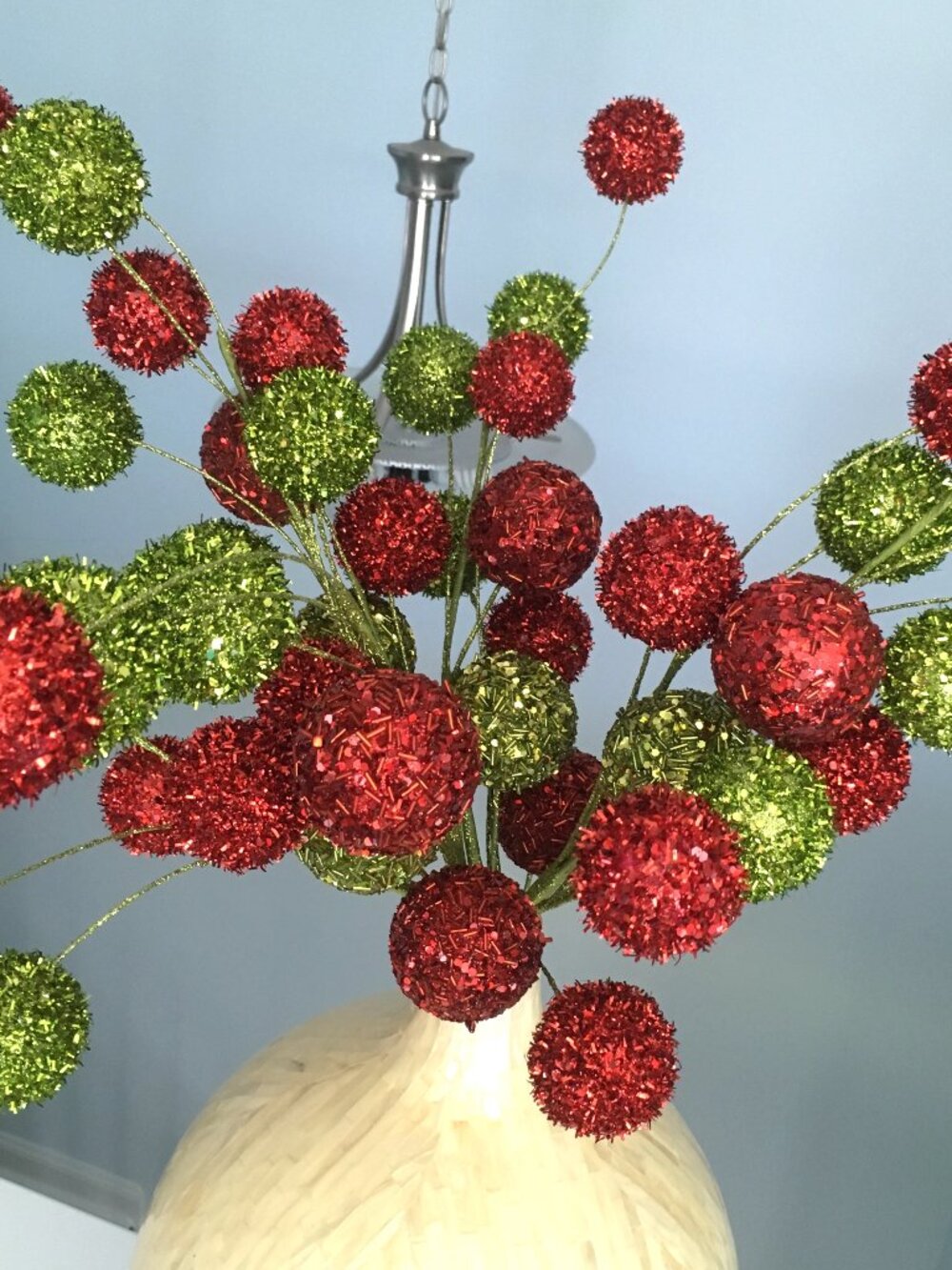 Christmas Red Green Glittered Sequin Beaded Pom Ball Sprays Picks Branches Set